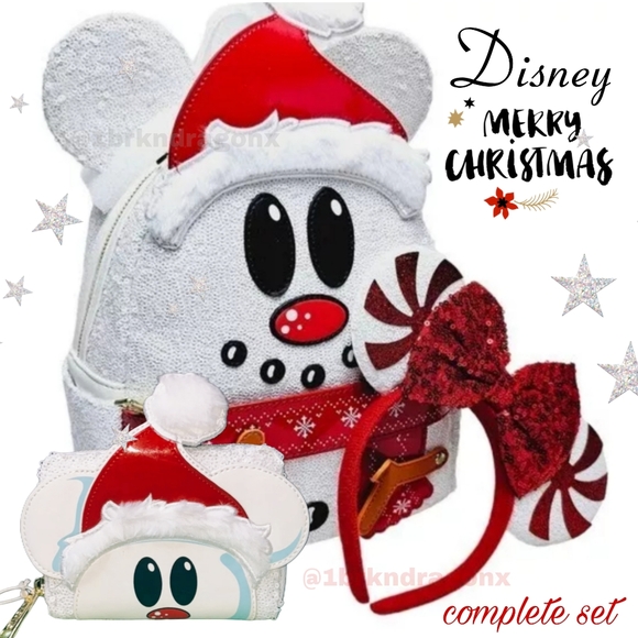 NWT Mickey Mouse Christmas Snowman Backpack Set Ears Wallet Bag Combo Disney - Picture 3 of 16